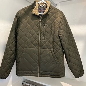 Moss green quilted mens jacket with fur neckline